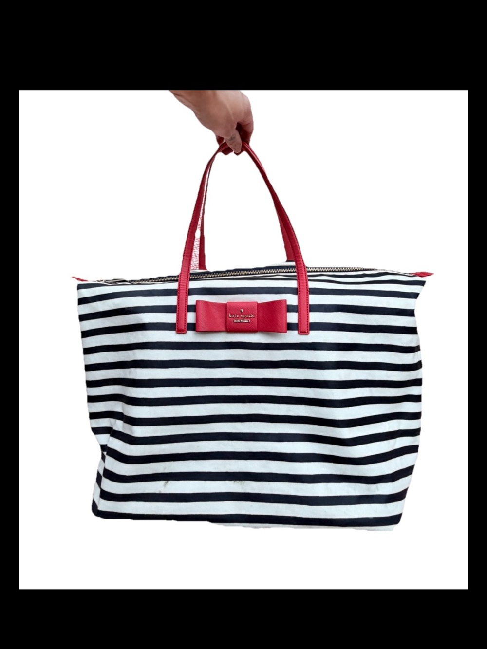 kate spade Black and White Striped Tote with Red Handles